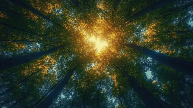 Golden sun rays shine through dense green tree canopy between tall trunks in a forest.