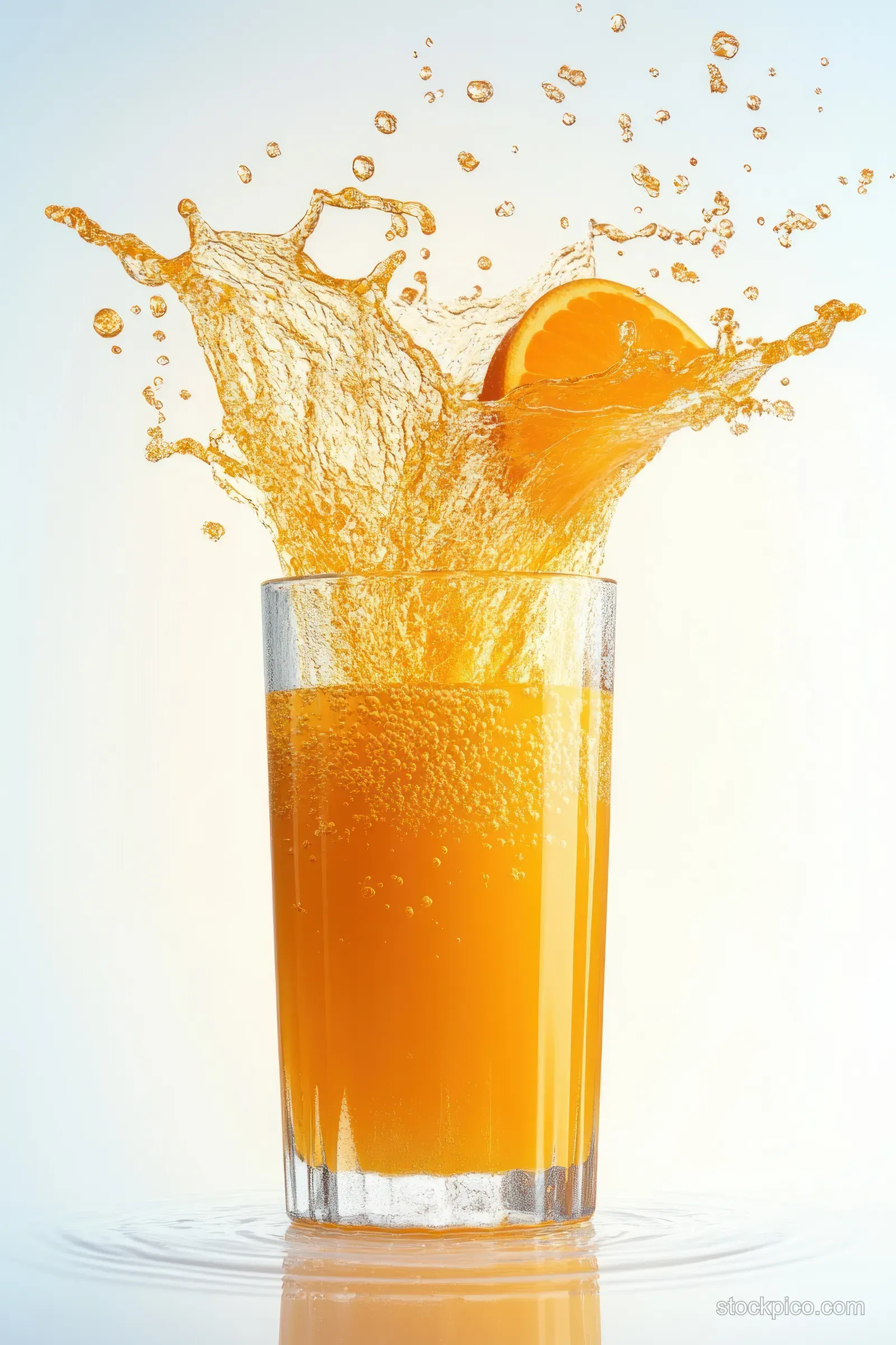A glass of orange juice splashes upward with droplets on a white background.