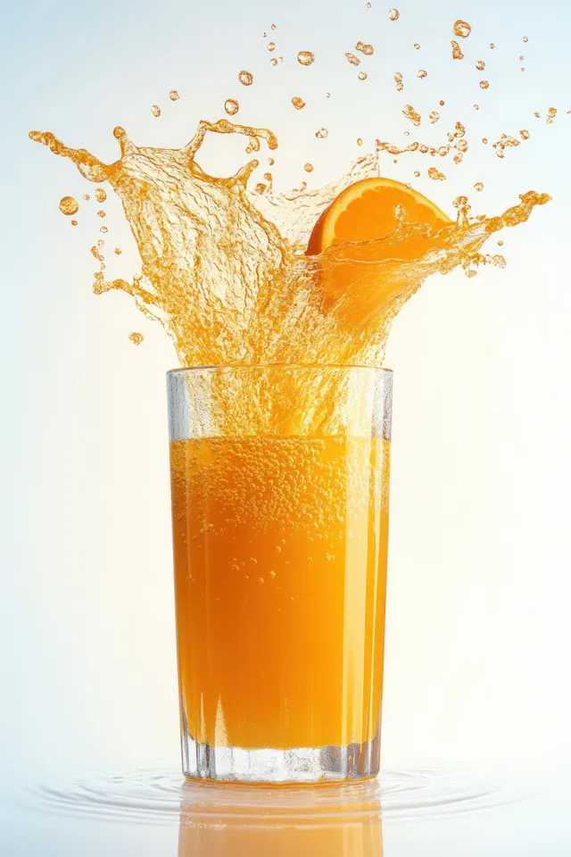 Orange juice splashing from glass with fresh fruit drops on white
