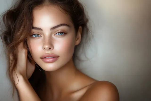 Young woman with fresh spa skincare treatment, resting on a hand and smiling softly