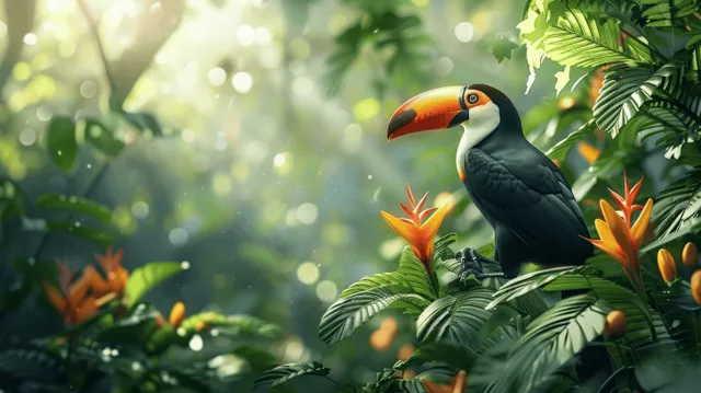 A toucan perches on rainforest leaves with orange flowers while sunlight rays glow through the background.