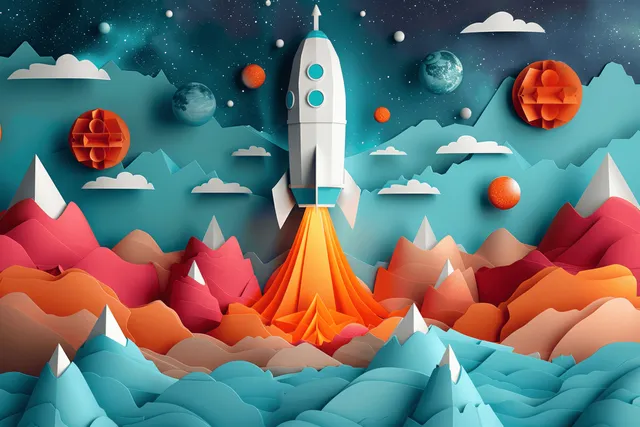 A red rocket launches upward from paper mountains while stars and business icons float in the sky.