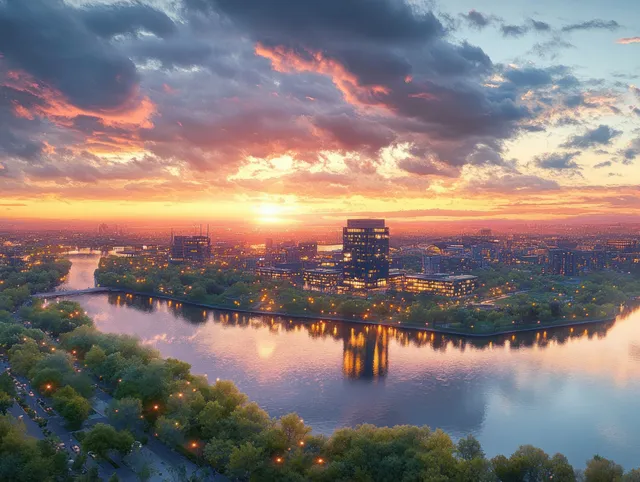 Sunrise over Lake Normandale with Bloomington downtown skyline reflecting on calm water