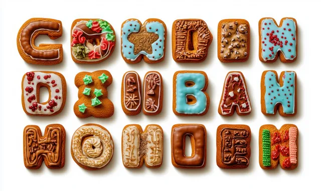 Gingerbread letter cookies with colorful icing arranged to spell a festive greeting on a white background.