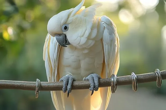 White cockatoo perched on a branch with crest raised in warm natural sunlight