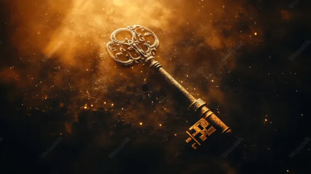 An antique golden skeleton key glows in smoky amber light with floating dust particles and dark shadows.