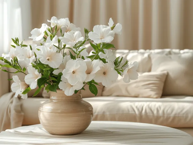 Beige ceramic vase with white flowers on a coffee table beside a neutral sofa with pillows in a minimalist living room.