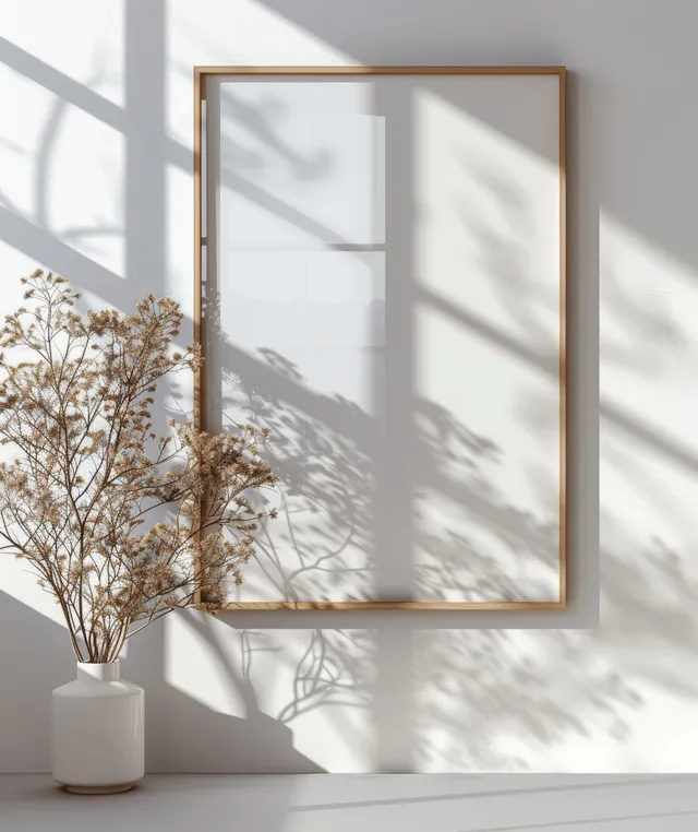 Thin wooden A3 frame mockup on wall with window shadow lines and blank artwork