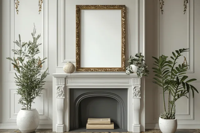 Empty gold picture frame above white fireplace mantel with potted plants and decor
