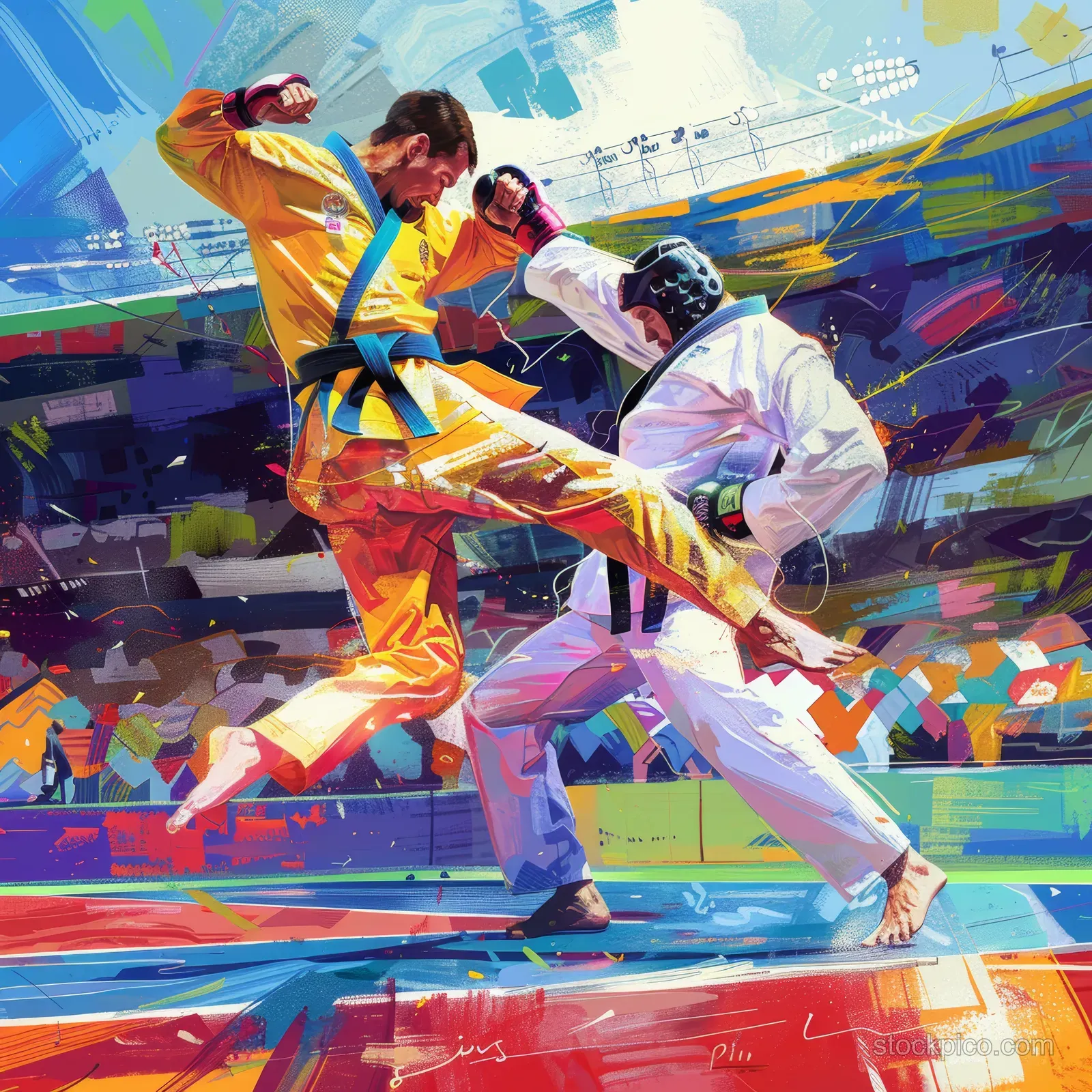 A taekwondo fighter launches a flying spinning kick as an opponent blocks in a packed stadium.