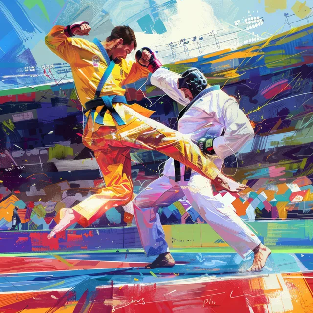 A taekwondo fighter launches a flying spinning kick as an opponent blocks in a packed stadium.