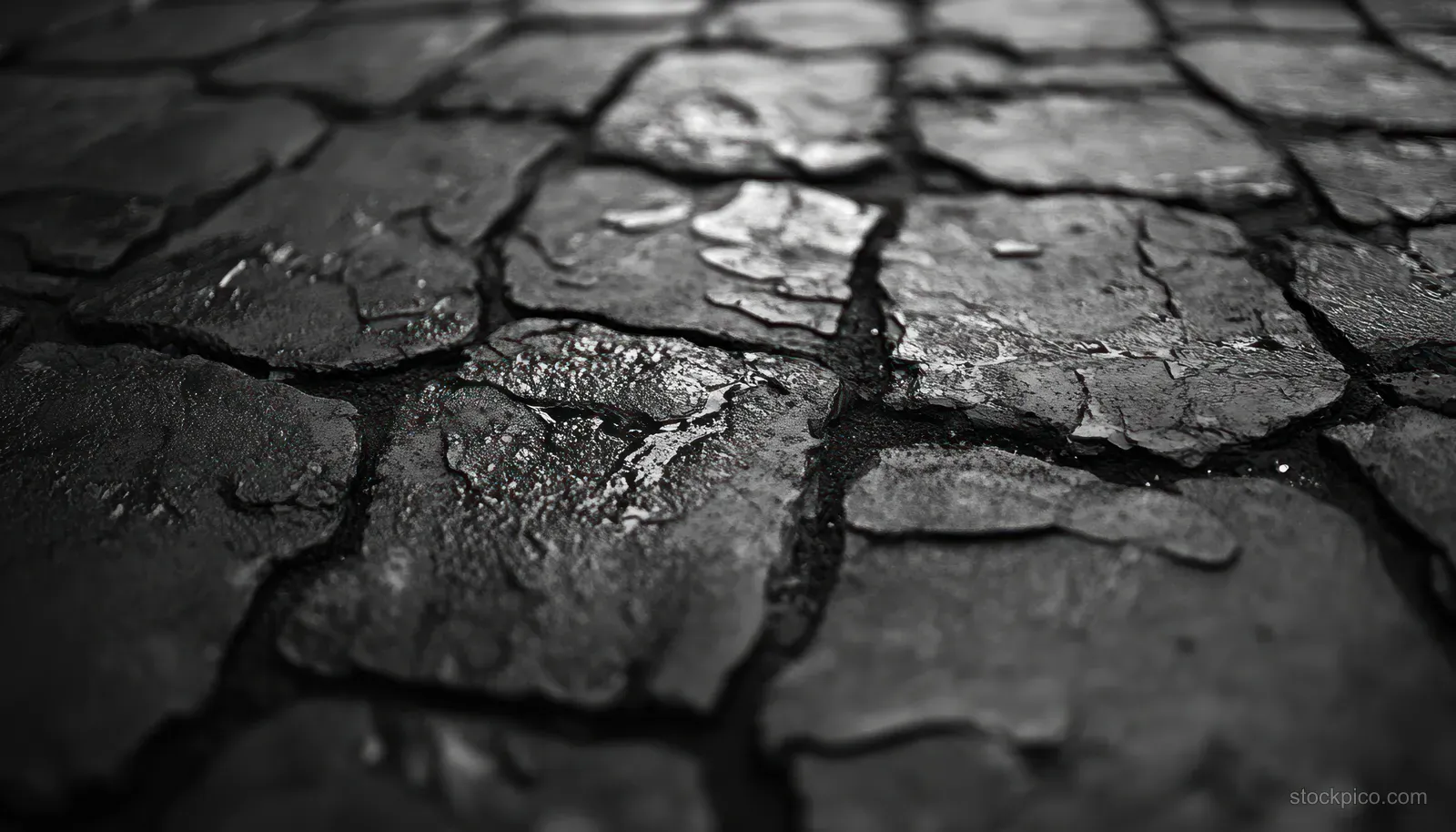Cracked black tarmac road surface in black-and-white with wet reflective patches and coarse gravel texture.