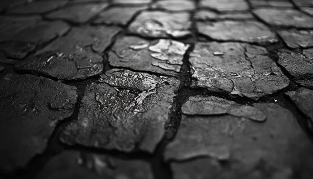 Superficie de carretera de asfalto negro agrietado en blanco y negro con zonas húmedas reflectantes y textura de grava gruesa.
