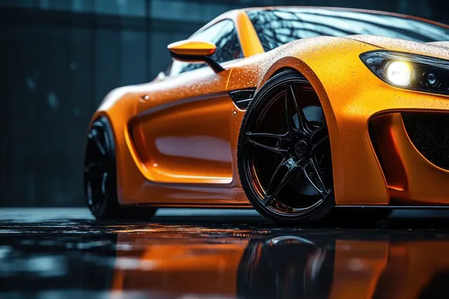 Orange sports car front and wheel with black rims parked on wet pavement under dim dusk light and reflections.