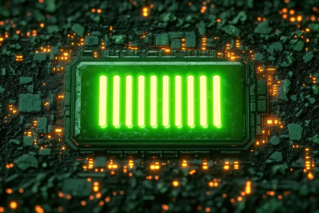 Green digital battery charge bars glow on a dark circuit board with orange illuminated microchips.