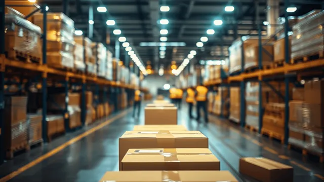 Trabajadores preparan cajas de cartón para envío sobre un palé dentro de un pasillo de almacén bien iluminado entre altas estanterías.