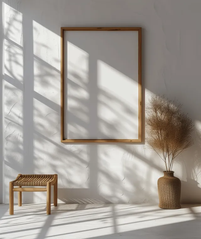 Vertical wooden picture frame mockup casting window shadows in a minimalist interior