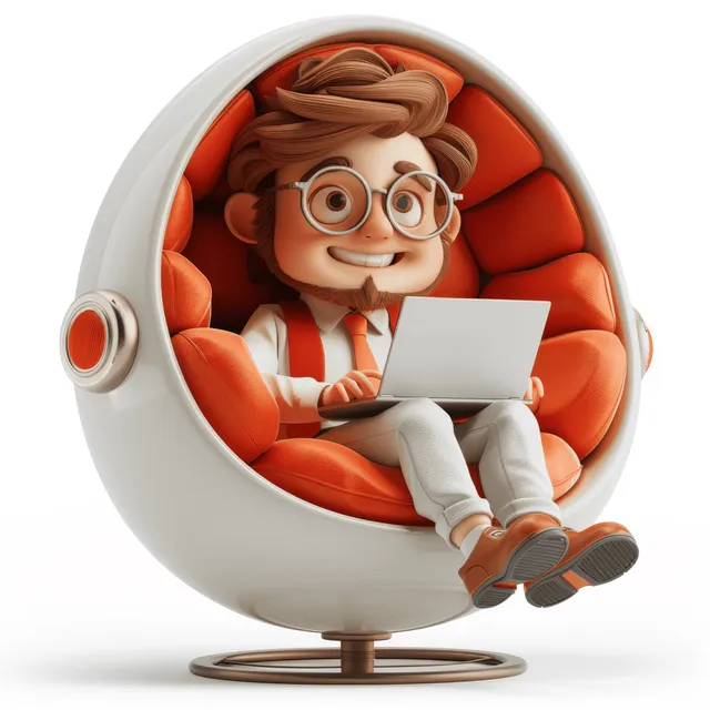 Smiling 3D businessman typing on a laptop inside a red and blue egg chair on a white background.