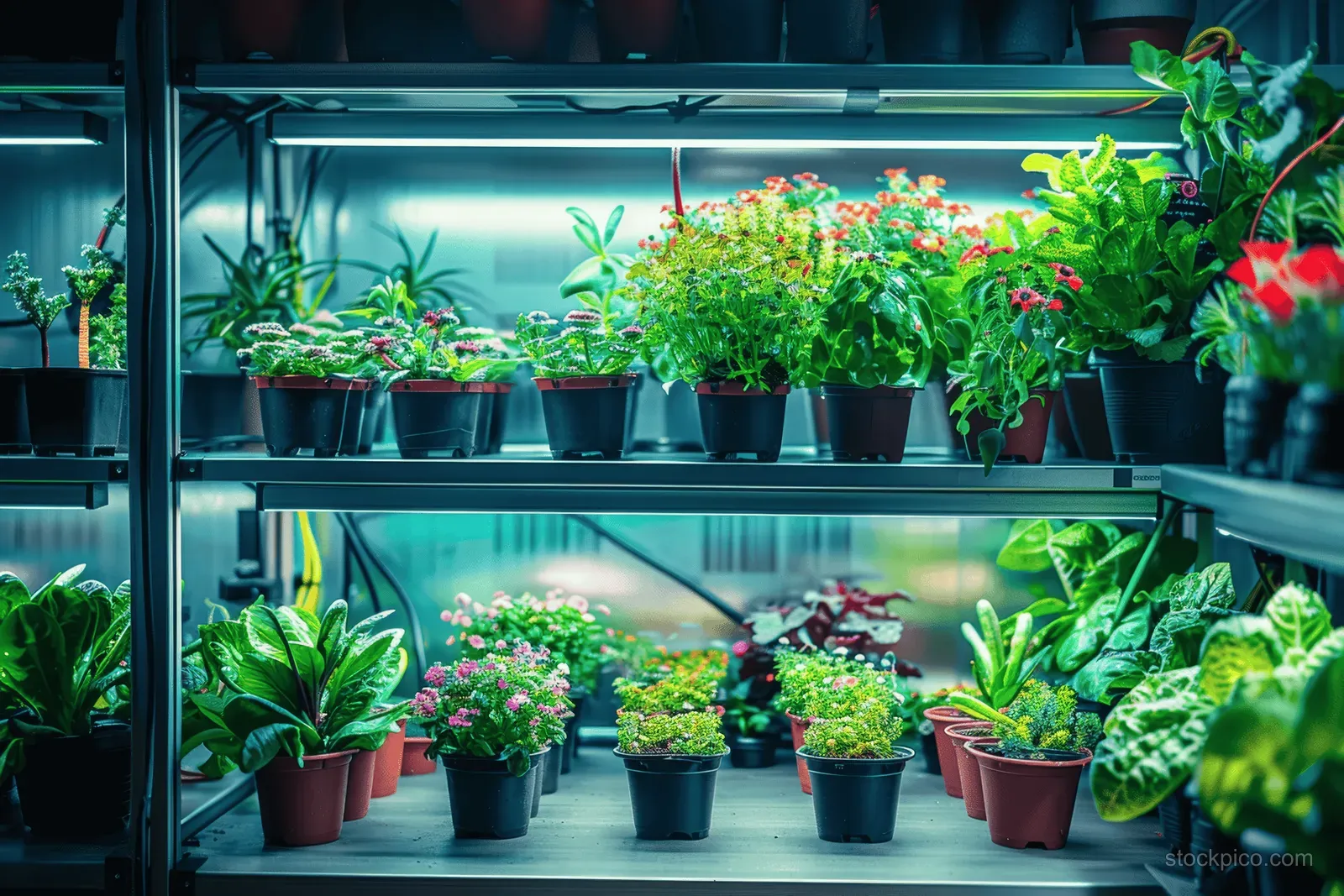 Assorted potted indoor plants on shelves lit by green LED grow lights and hanging fixtures.