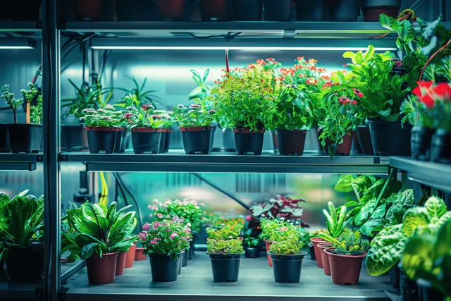 Indoor shelf garden filled with potted plants under glowing LED grow lights
