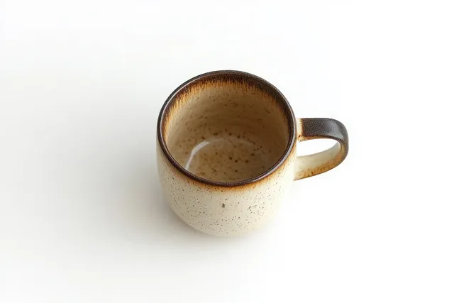 Empty speckled ceramic mug with brown gradient rim and handle on a white background.