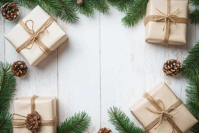 Wrapped Christmas gifts on a white wooden table with pine branches and pine cones around the edges.