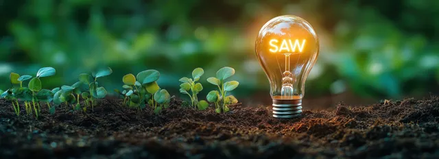 Glowing “SAVE” light bulb in soil beside green seedlings with a soft blurred green background.