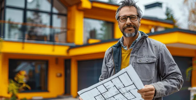 A construction manager reviews blueprints while standing outside a contemporary orange home with large windows.