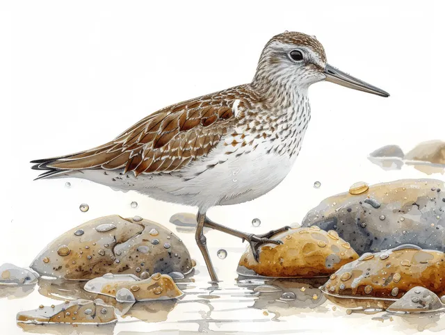 Full-body minke sandpiper wading in water beside pebbles, detailed illustration