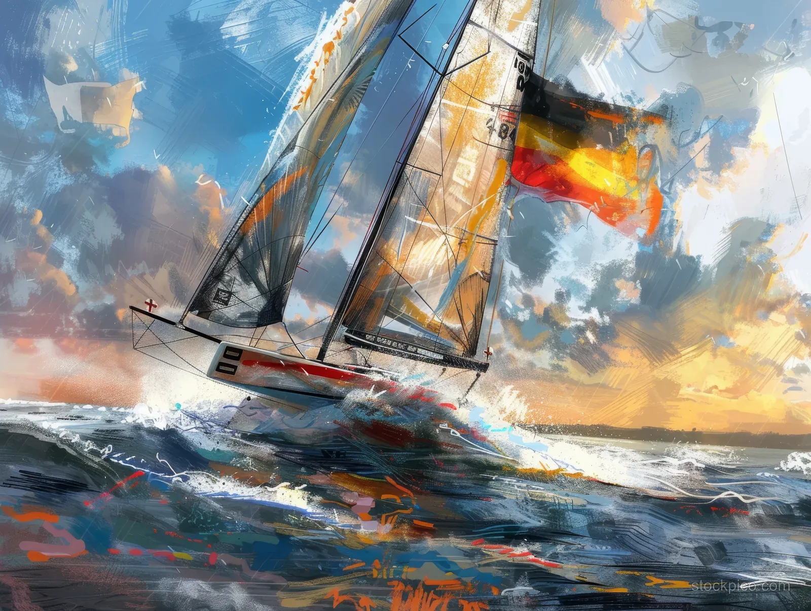German flag 49er FX sailboat slices through choppy waves beneath dramatic clouds.
