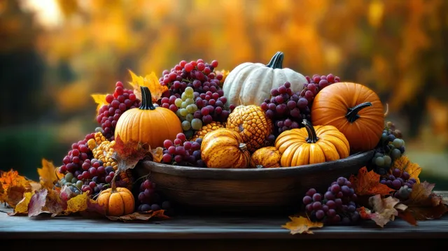 A wooden bowl holds pumpkins, gourds, and grapes with scattered autumn leaves on a table.