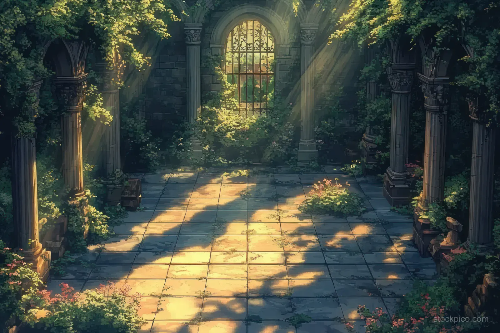 Sunrise light beams fall through an overgrown stone courtyard with mossy pillars and an arched window glow.