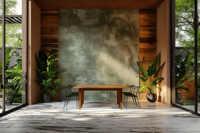 Minimalist dining table setup under warm wooden wall panels with potted plants