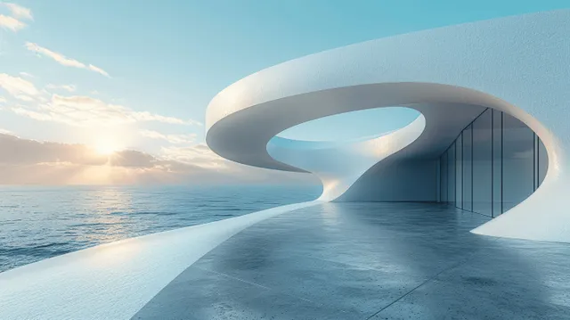 Abstract 3D curved wave sweeping across concrete floor with circular futuristic building