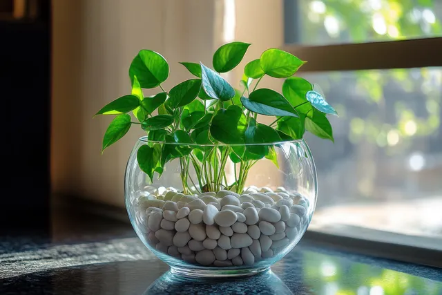A glass bowl with white pebbles and green leaves sits on a table beside a sunlit window.