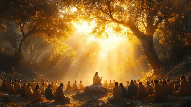 Jesus-like figure teaches seated listeners in a forest clearing under golden sunbeams.