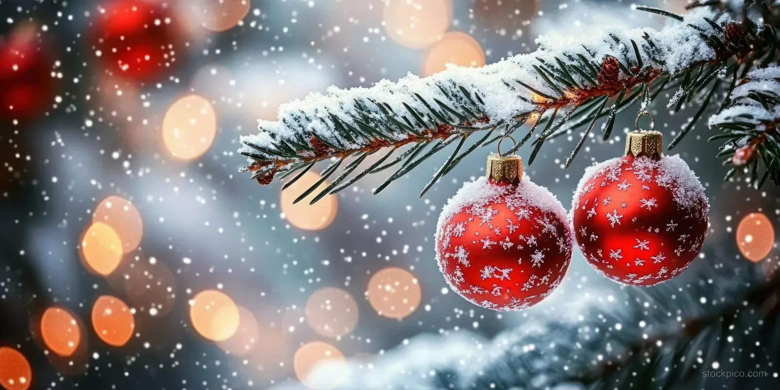 Two red Christmas ornaments covered with snow hang from a frosted evergreen branch with falling snow and warm bokeh lights behind.