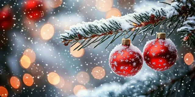 Two red Christmas ornaments covered with snow hang from a frosted evergreen branch with falling snow and warm bokeh lights behind.