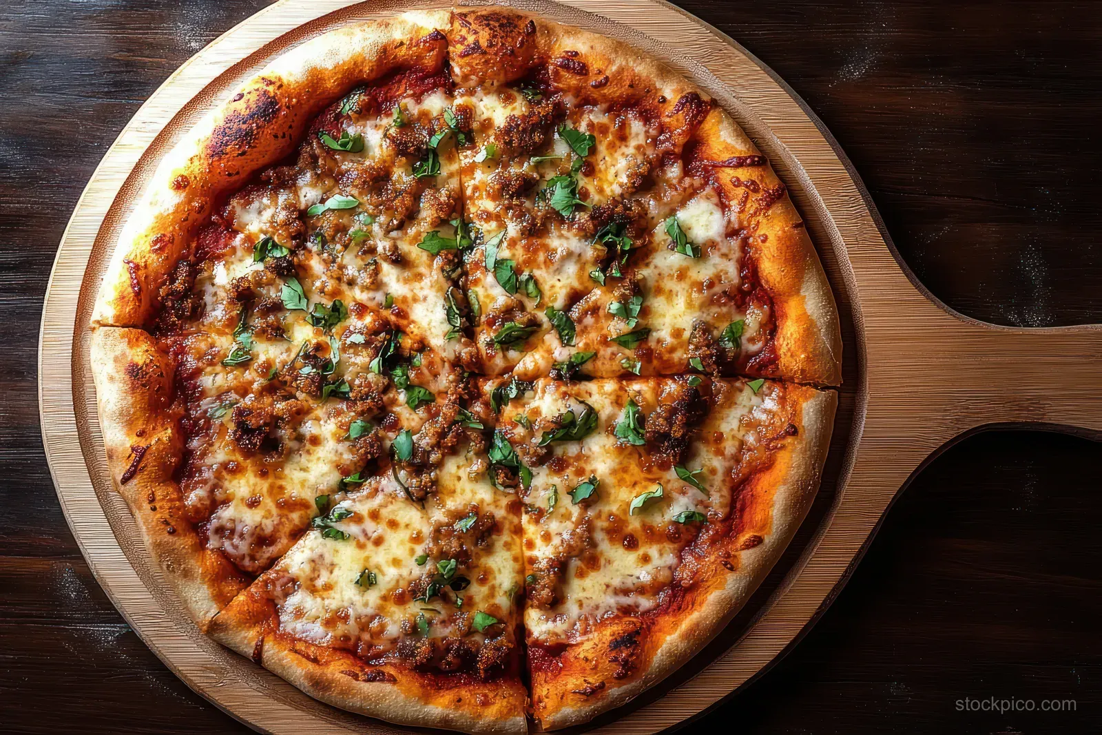 Cheese and herb pizza slices on a wooden pizza peel over a dark rustic wooden table.