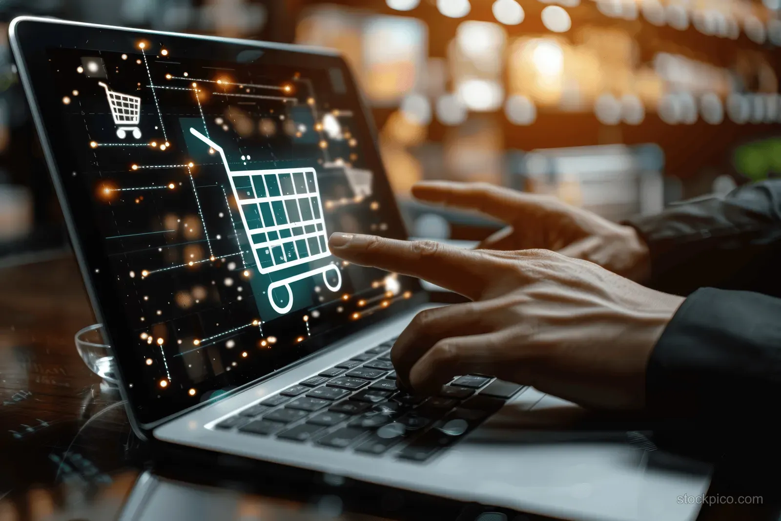 Man uses a laptop and smartphone with a glowing hologram cart icon during online shopping in a home office.