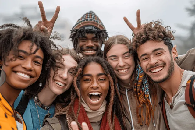 Friends in the city take a selfie and pose with peace signs under cloudy weather.