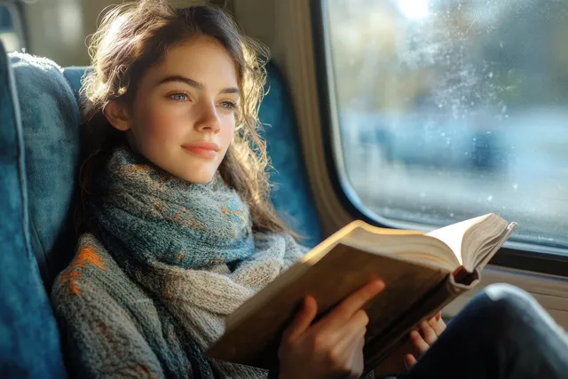 Young woman in a cozy scarf reads a book by a bright train window, quietly smiling.