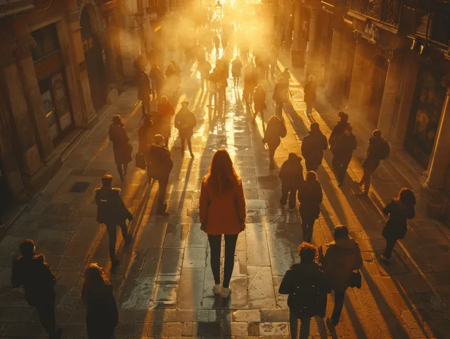 Woman standing alone in a crowded city street under dramatic golden backlight