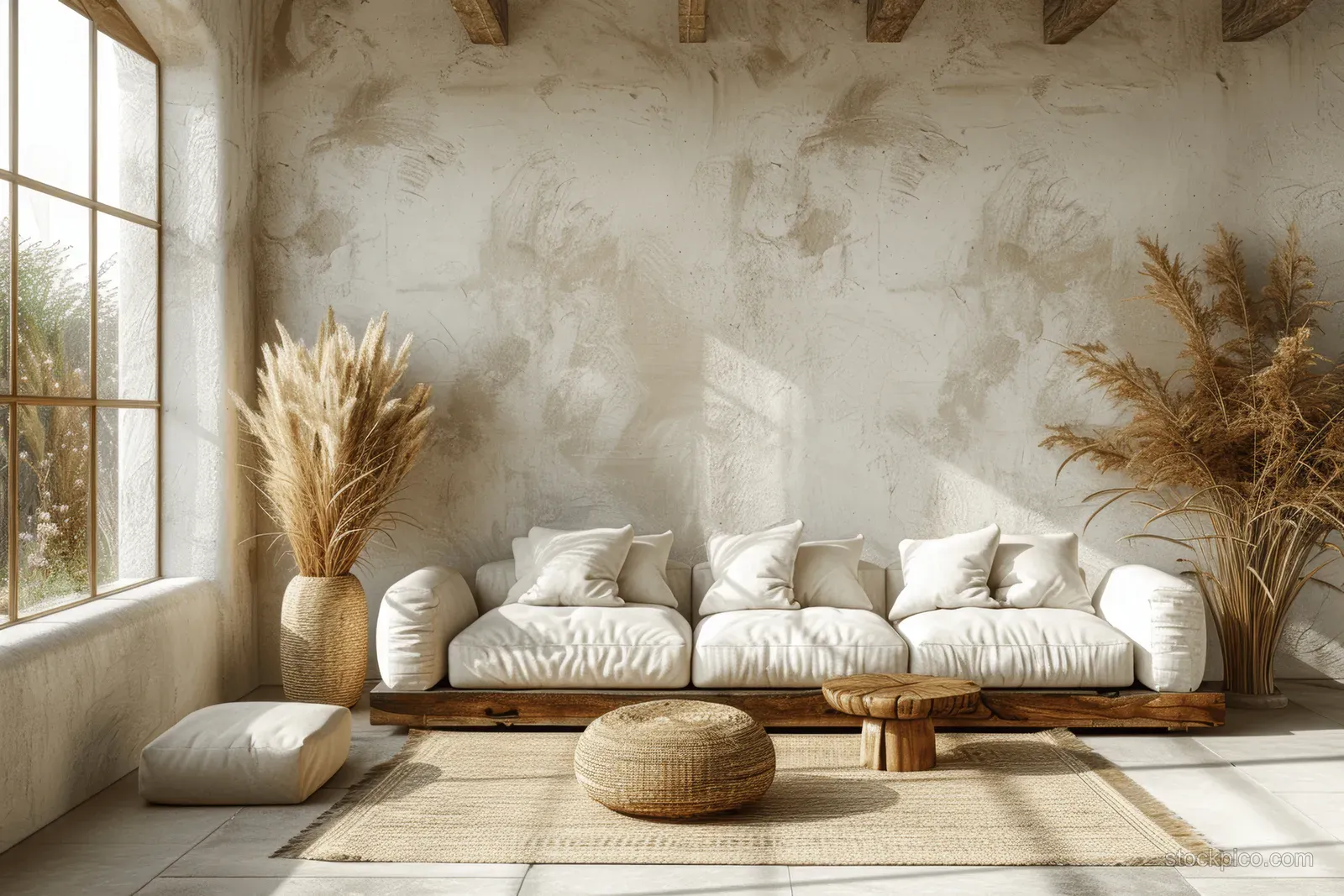 Beige sofa and woven decor in a Japandi living room with warm daylight from a large window.