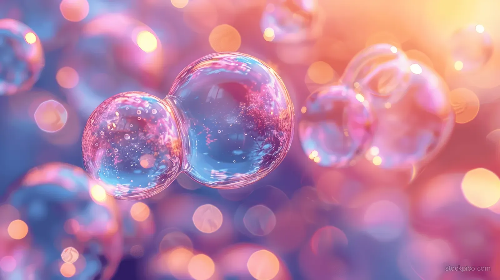 Glittering soap bubbles float in front of a bright pink and blue bokeh background, reflecting light.