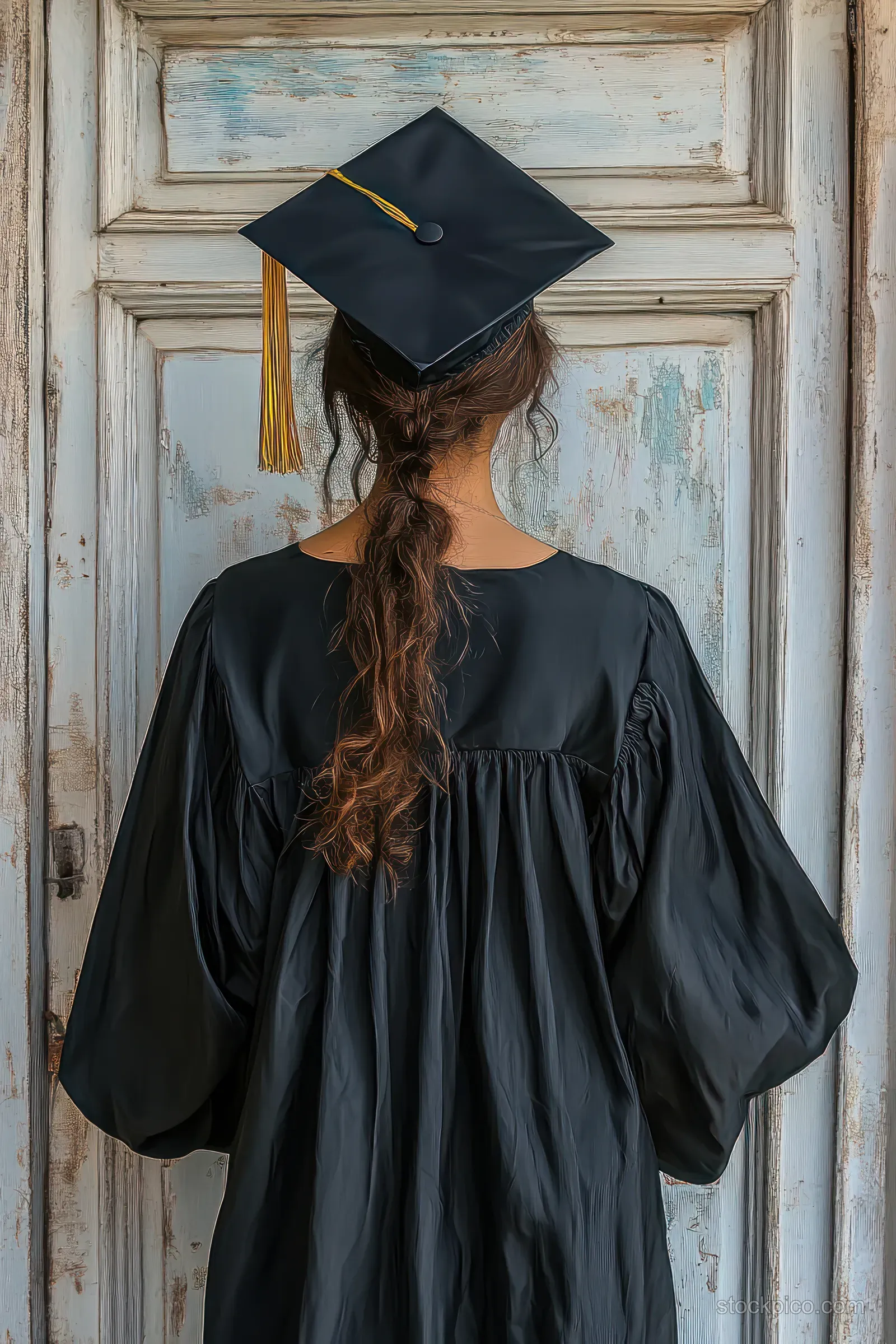A graduate in a black cap and gown stands with her back to a weathered wooden door indoors.