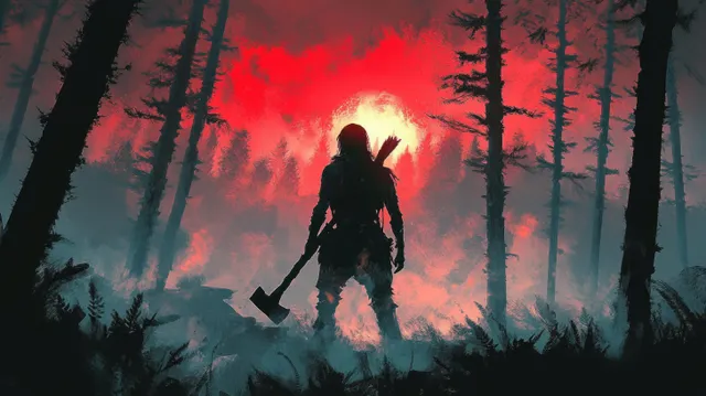 Axe-Wielding Warrior Silhouette in Misty Forest Under Red Sky