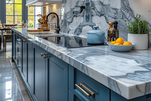 Blue kitchen cabinets and veined marble countertop with a black faucet, oranges bowl, and potted herb near backsplash.