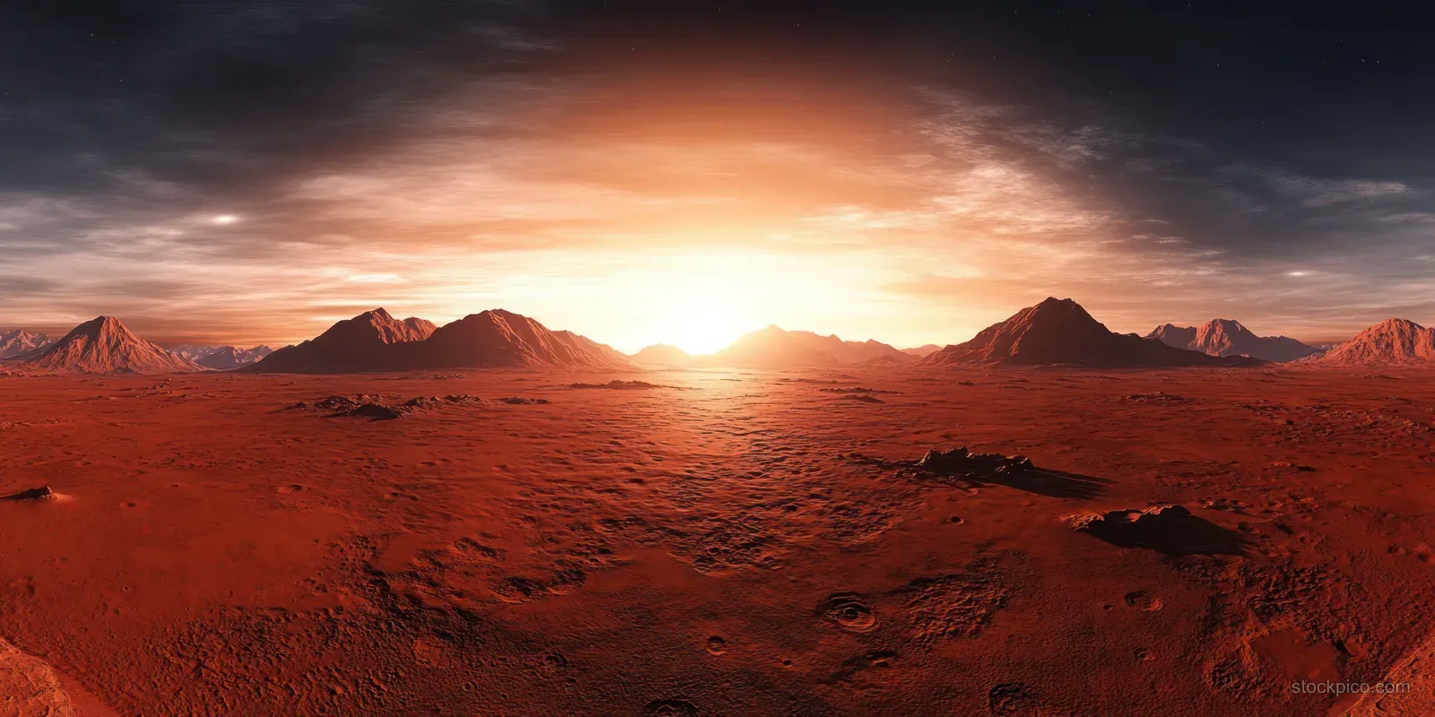 Red desert plains on Mars at sunrise with a bright glowing sun, distant rocky mountains, and deep shadows.