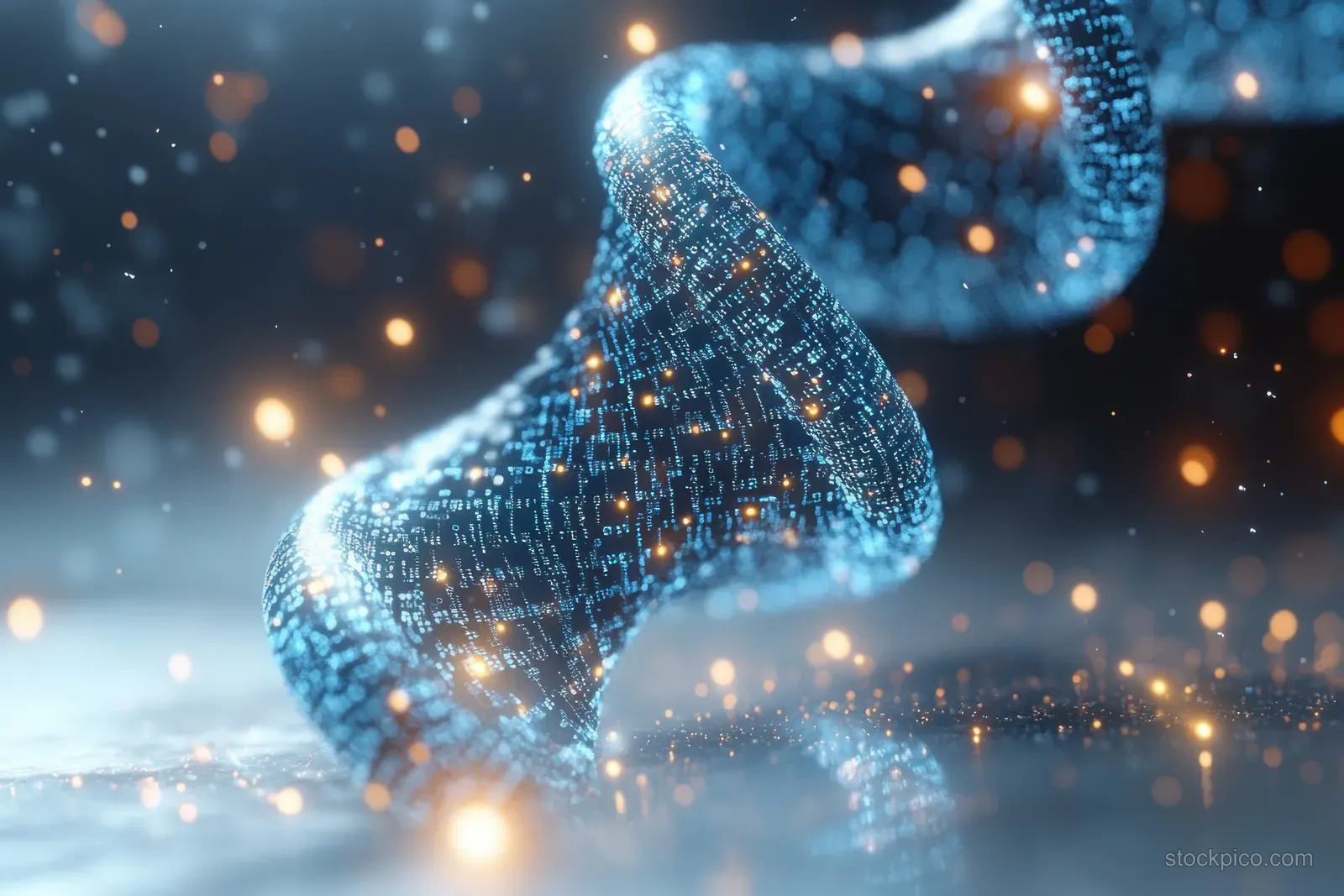 Glowing futuristic DNA helix shaped from binary digits with floating particles on a blue background.
